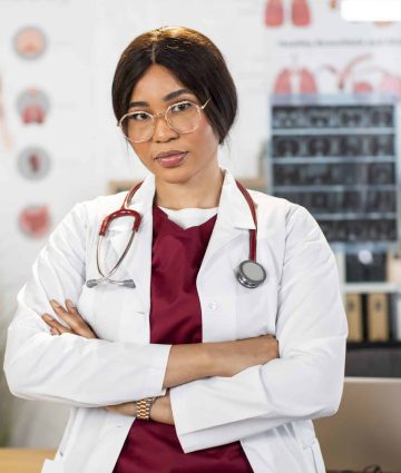 Female african doctor with crossed arms posing indoors