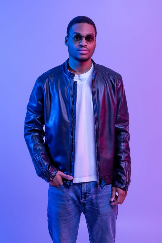 Men's Fashion. Portrait Of Confident Handsome African Guy In Stylish Leather Jacket